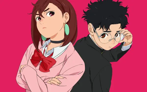 4K Ultra HD PC desktop wallpaper of Dandadan anime duo Momo Ayase and Ken Takakura standing back-to-back against a bold magenta background.