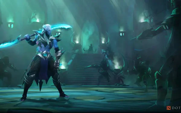 4K Ultra HD wallpaper featuring Phantom Assassin, the dark elf character from the video game DotA 2, standing ready in a dimly lit, eerie environment.