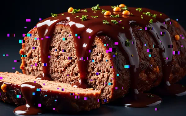 Close-up of a sliced meatloaf topped with rich brown gravy and garnished with herbs and peas, presented in 4K Ultra HD for PC desktop wallpaper.