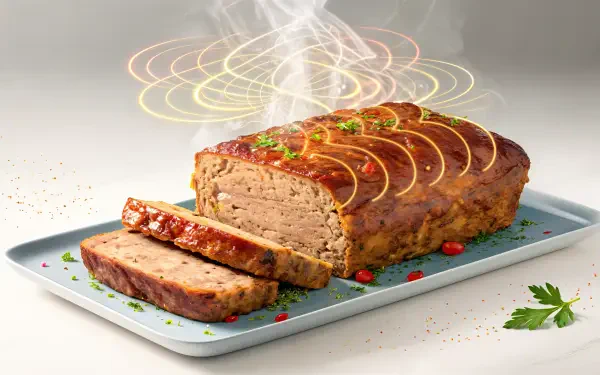 4K Ultra HD PC desktop wallpaper of a freshly baked meatloaf on a blue tray, garnished with herbs and sliced, emitting steam with decorative light swirls above.