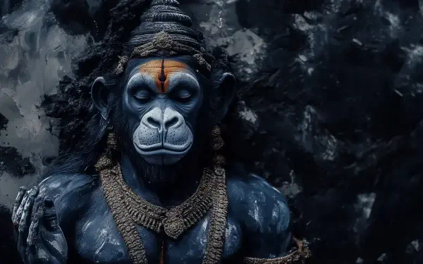 HD desktop wallpaper featuring a detailed depiction of Lord Hanuman from Hinduism, showcasing his serene and powerful form against a dark, textured background.