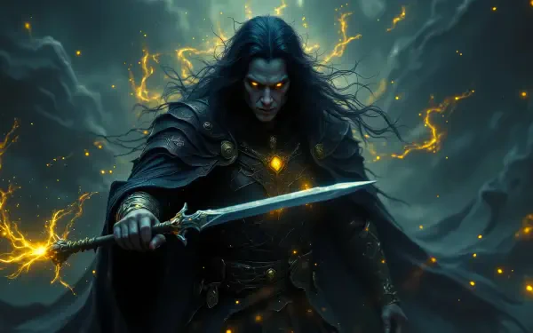 dark anime glowing eyes fantasy warrior magic effects Sword Master HD Desktop Wallpaper | Background Image