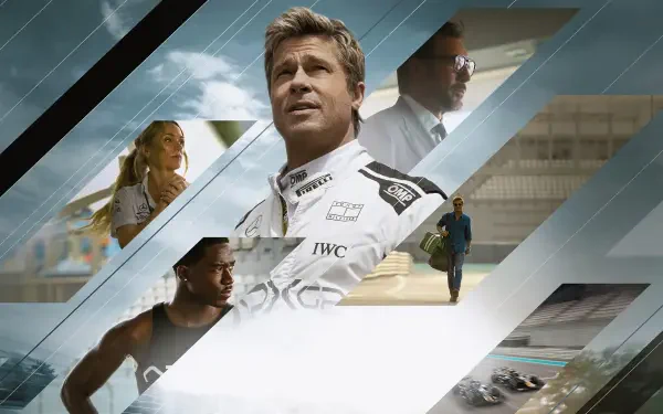 F1 (2025) 4K Ultra HD PC desktop wallpaper featuring dynamic layered portraits of drivers and racing scenes in a sleek, modern design.