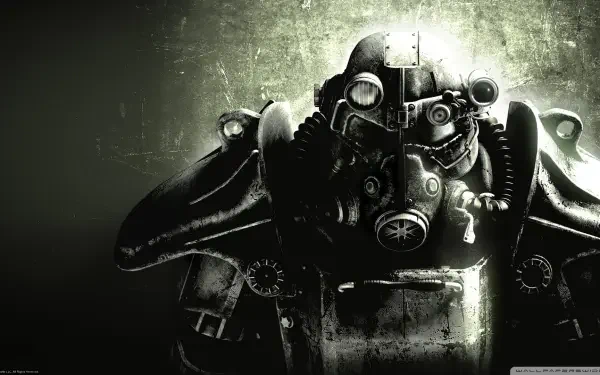 HD PC desktop wallpaper featuring a detailed close-up of a power armored figure from Fallout 3 against a textured, muted green background.