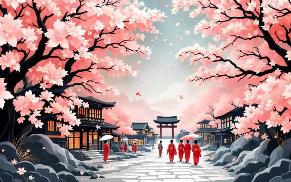 4K Ultra HD PC wallpaper featuring a serene cherry blossom festival scene with traditional Japanese architecture and figures walking under vibrant pink sakura trees.