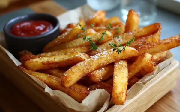 Close-up of golden, crispy French fries sprinkled with herbs and served with a side of ketchup, showcased as a 4K Ultra HD PC desktop wallpaper of comfort food.