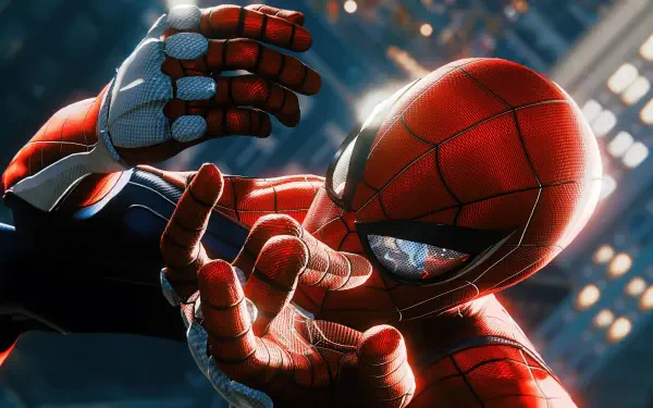 Close-up of Spider-Man from Marvel's Spider-Man video game in dynamic pose, rendered in 4K Ultra HD for PC desktop wallpaper and background.