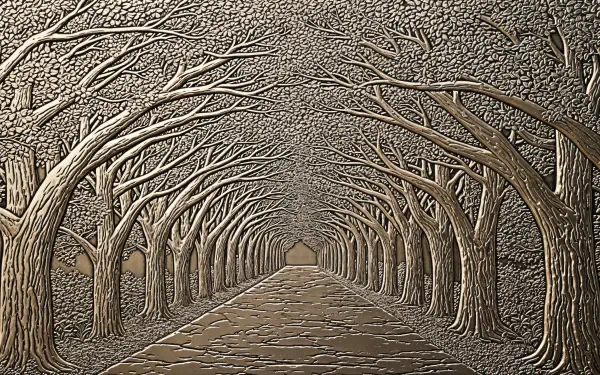 4K Ultra HD PC desktop wallpaper showing an artistic tree tunnel with bare branches arching over a cobblestone path, creating an intricate and textured natural corridor.
