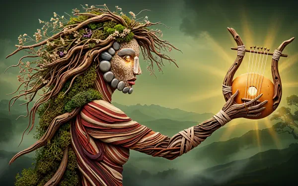 4K Ultra HD PC desktop wallpaper of a mystical bard figure with natural elements, holding a glowing lyre against a serene, misty landscape background.