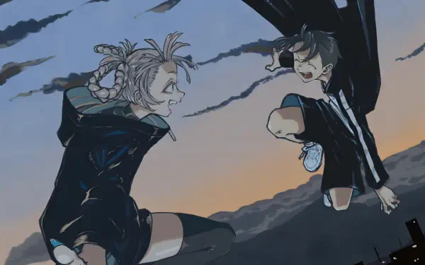 Anime-style 4K Ultra HD wallpaper featuring Nazuna Nanakusa and Kou Yamori from Call of the Night against a dusky sky background.