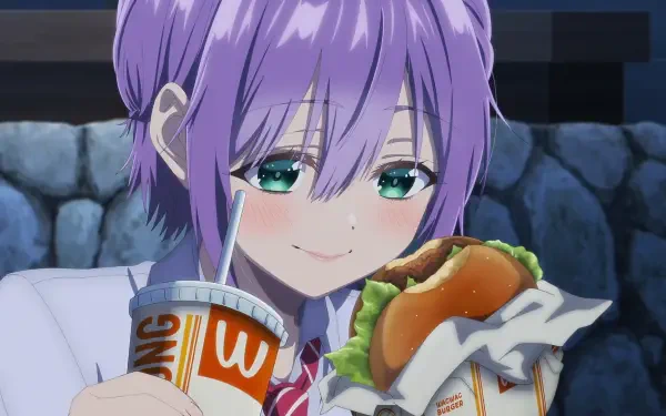 HD PC desktop wallpaper featuring Hiro Segawa from the anime A Couple of Cuckoos, holding a burger and drink with a gentle smile.