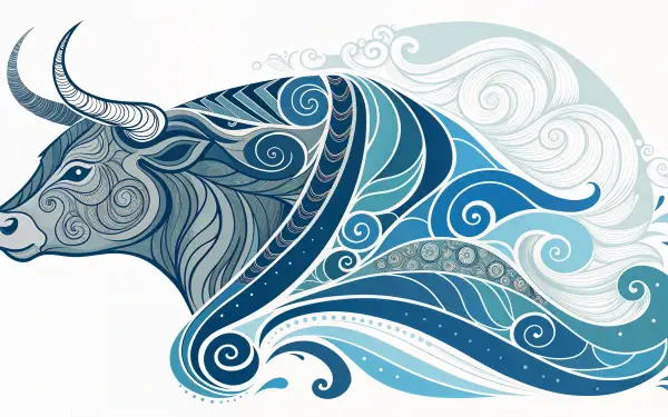 A detailed, swirling blue and gray Taurus bull illustration, designed as a 4K Ultra HD astrology-themed desktop wallpaper and background.