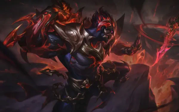 Dark, fiery 8K Ultra HD desktop wallpaper featuring Shen from League of Legends, showcasing his armored, shadowy form in a dynamic battle pose.