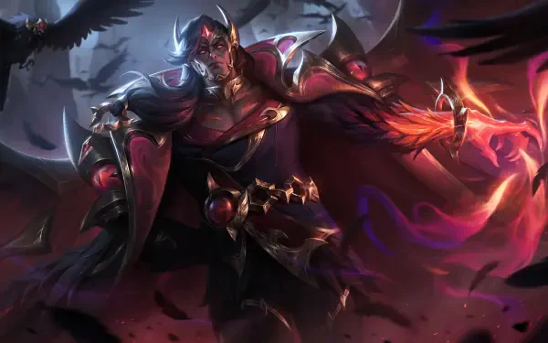 8K Ultra HD wallpaper featuring Swain from League of Legends, showcasing his dark, commanding presence with red and black armor in a dramatic fantasy setting.