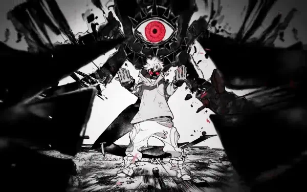 Anime-style HD desktop wallpaper from Gachiakuta, featuring a character with white hair and a large ominous eye above, set against a dramatic black and white background.
