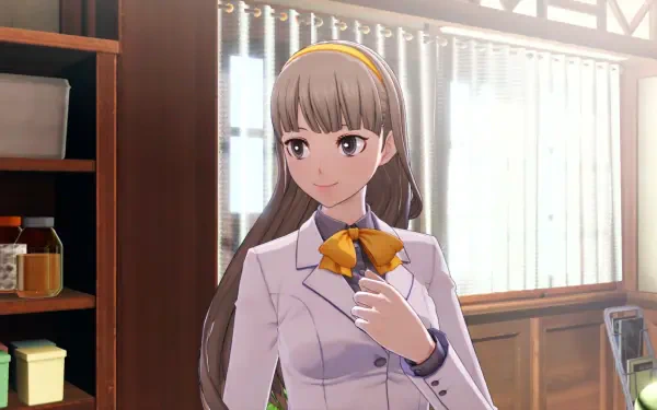 HD PC desktop wallpaper featuring a character from the video game Digimon Story: Time Stranger in a bright, softly lit room.