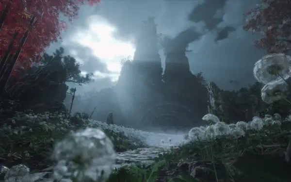 HD PC desktop wallpaper from the video game Wuchang: Fallen Feathers, showcasing a misty, atmospheric gaming environment with towering structures and detailed natural elements.