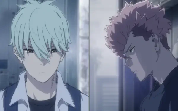 HD anime wallpaper featuring Reno Ichikawa and Iharu Furuhashi from Kaiju No. 8, showcasing intense expressions in a moody, urban setting.