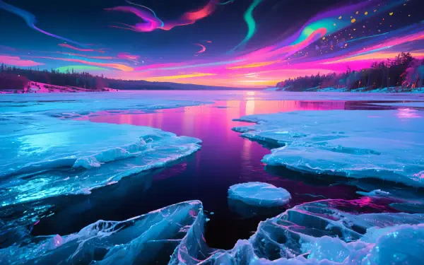 4K Ultra HD PC desktop wallpaper featuring a frozen lake with ice floes under a vibrant aurora-lit sky at sunset.
