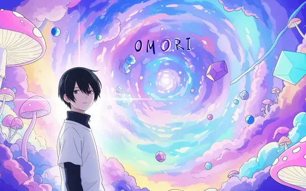 OMORI 4K Ultra HD PC desktop wallpaper featuring a dark-haired character standing against a vibrant, swirling pastel sky filled with floating crystals and oversized mushrooms.