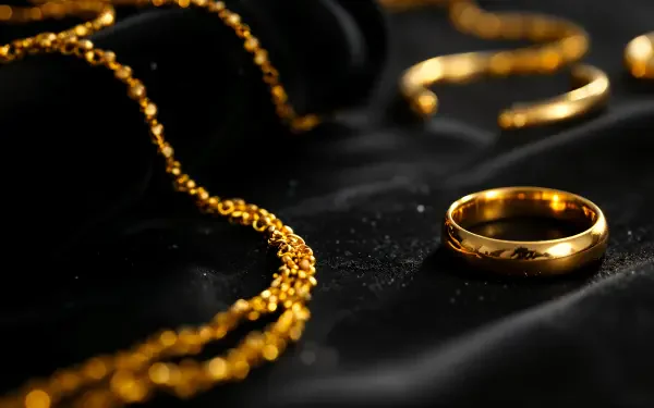 Close-up of elegant gold jewelry, including a ring and chain, captured in stunning 4K Ultra HD quality for a rich PC desktop wallpaper and background.