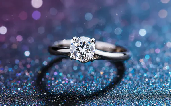 A sparkling diamond ring showcased in sharp detail against a glittery, blurred background, rendered as a 4K Ultra HD PC desktop wallpaper.