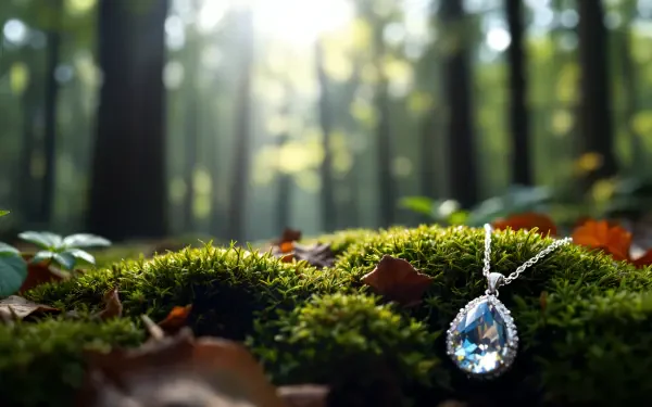 A sparkling teardrop necklace pendant resting on vibrant green moss in a forest setting, captured in 4K Ultra HD for a stunning PC desktop wallpaper.
