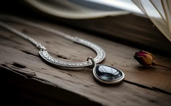 Close-up of an elegant necklace with a teardrop-shaped black pendant resting on weathered wood, captured in stunning 4K Ultra HD for a PC desktop wallpaper.
