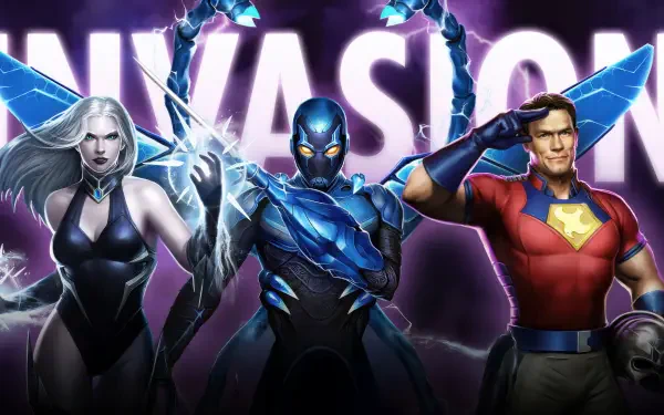 4K Ultra HD Injustice 2 PC desktop wallpaper featuring three superheroes in dynamic poses against a glowing purple background with the word INVASION behind them.
