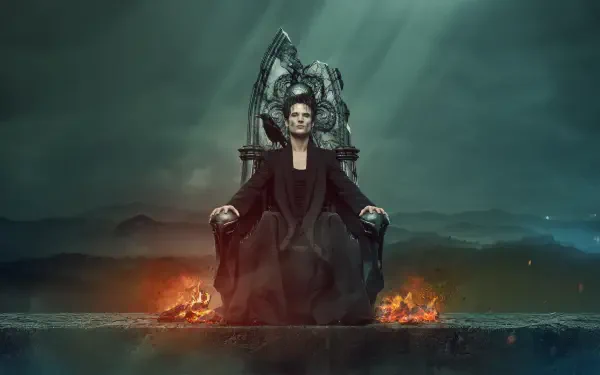 The Sandman sits on a dark throne surrounded by flames under a moody, stormy sky in this 4K Ultra HD PC desktop wallpaper and background.