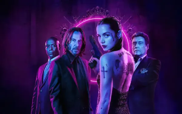 Ballerina (2025) 4K Ultra HD wallpaper featuring four intense characters illuminated by neon purple and pink lighting, set against a dark, dramatic background.