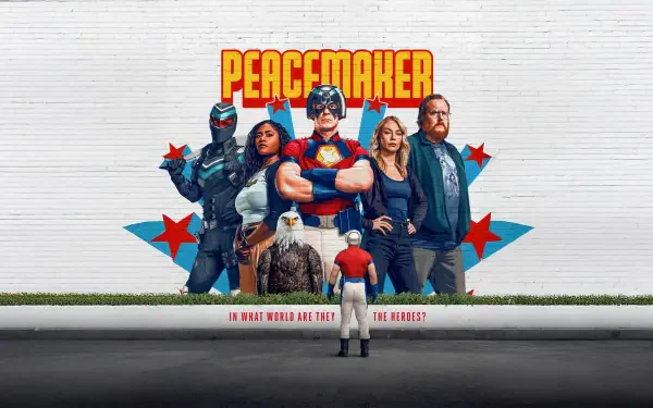 A 4K Ultra HD PC desktop wallpaper featuring the main characters from the Peacemaker TV show standing in front of a white wall with the show's bold logo above them.