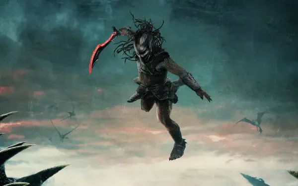 4K Ultra HD desktop wallpaper featuring Predator: Badlands, showing a fierce Predator mid-air with a red-bladed weapon against a dark, misty background.