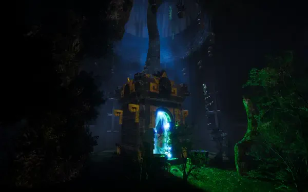 4K Ultra HD PC wallpaper from the video game Death Relives, showing a glowing portal in a dark, mysterious forest environment.