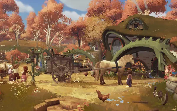 4K Ultra HD wallpaper from the video game Tales of the Shire: A The Lord of the Rings Game, showcasing a vibrant Comarca village scene with autumn foliage and rustic life.