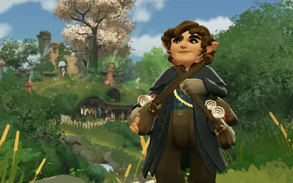 4K Ultra HD wallpaper from the video game Tales of the Shire: A The Lord of the Rings Game, featuring a character in the lush, green landscape of Comarca.