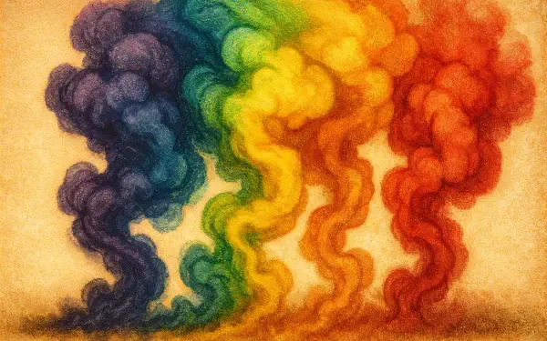 A vibrant 4K Ultra HD desktop wallpaper featuring swirling colorful smoke in shades of blue, green, yellow, orange, and red blending seamlessly on a warm background.