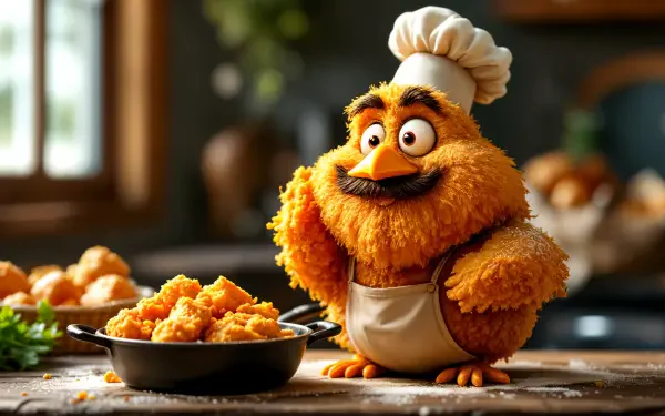 A 4K Ultra HD PC desktop wallpaper featuring a cheerful, fluffy orange chicken dressed as a chef standing beside a pan of crispy fried chicken pieces.