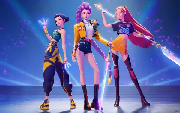 4K Ultra HD desktop wallpaper featuring Rumi, Zoey, and Mira from the movie KPop Demon Hunters in dynamic, glowing poses against a vibrant blue background.