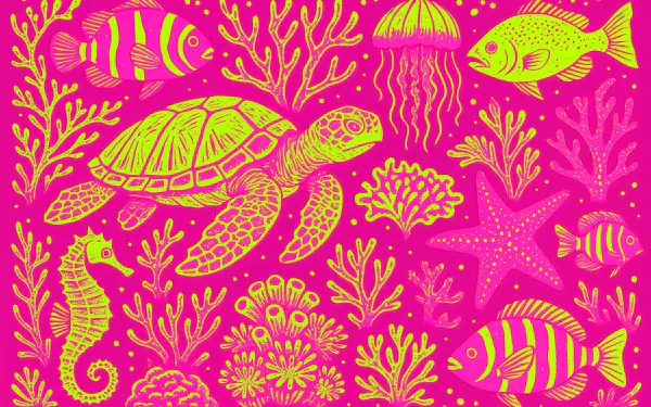 Vibrant 4K Ultra HD sea life illustration features a turtle, jellyfish, starfish, seahorse, and colorful fish against a bright pink background for PC desktop wallpaper.