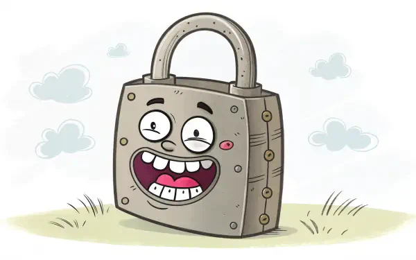 Cartoon-style lock with a happy face, set against a simple grassy background with clouds, designed as a 4K Ultra HD PC desktop wallpaper.