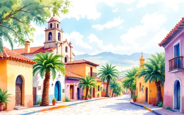 4K Ultra HD desktop wallpaper showcasing a colorful Mexican street with traditional architecture, palm trees, and a church tower under a bright blue sky.