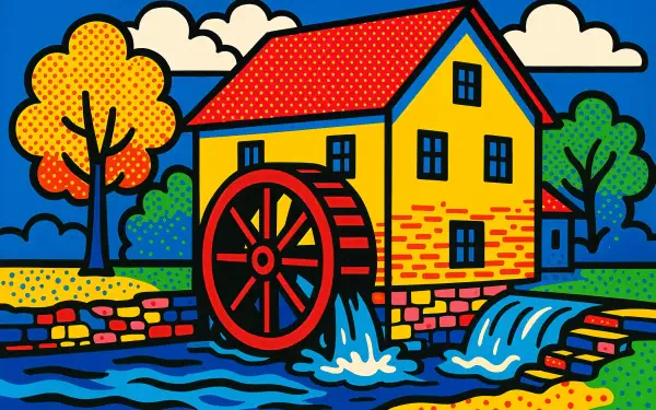 Vibrant 4K Ultra HD illustration of a colorful watermill by a flowing stream, featuring bold outlines and bright, contrasting colors as a PC desktop wallpaper.