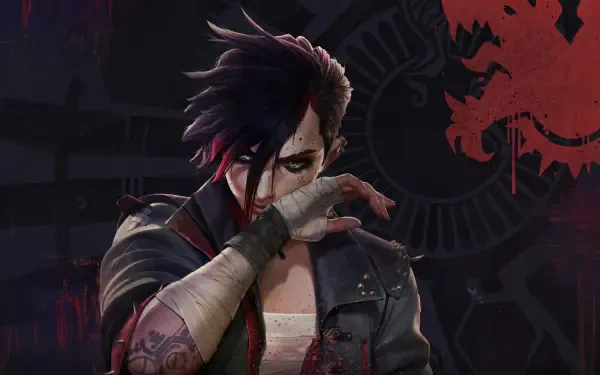 4K Ultra HD PC desktop wallpaper featuring a dark, detailed portrait of a brooding character from Arcane with striking shadows and red accents.