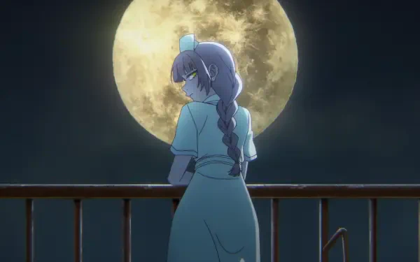Haru Nanakusa from the anime Call of the Night stands on a balcony under a glowing full moon in this HD PC desktop wallpaper.