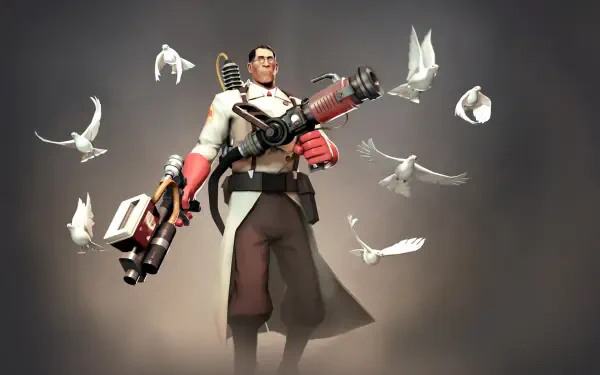 HD PC desktop wallpaper featuring Medic from Team Fortress 2, surrounded by white doves, holding his Medigun in a dynamic, detailed video game scene.
