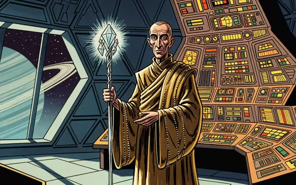 4K Ultra HD desktop wallpaper of a monk holding a glowing staff inside a futuristic spaceship control room with a view of outer space and a ringed planet.