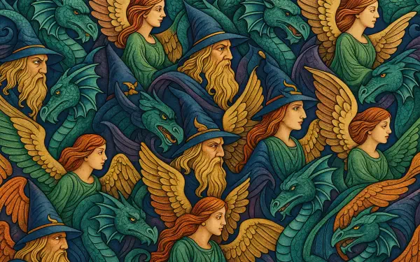A detailed fantasy 4K Ultra HD PC desktop wallpaper featuring wizard and angelic figures intertwined with dragons against a richly textured leafy backdrop.