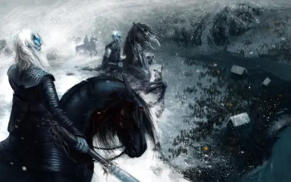 HD Game of Thrones PC desktop wallpaper depicting a white walker on horseback leading an army across a snowy battlefield.