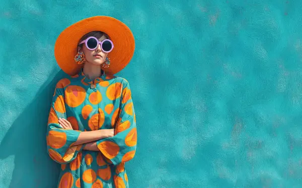 Woman in vibrant summer fashion with an orange hat and patterned dress poses against a teal background in this 4K Ultra HD desktop wallpaper.